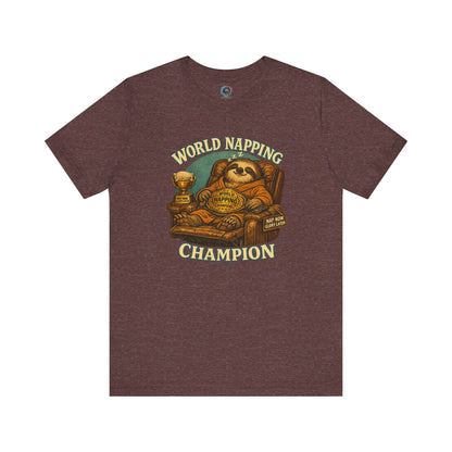 Heather Maroon World Napping Champion T-Shirt with laid-back sloth relaxing in chair surrounded by nap champion graphics