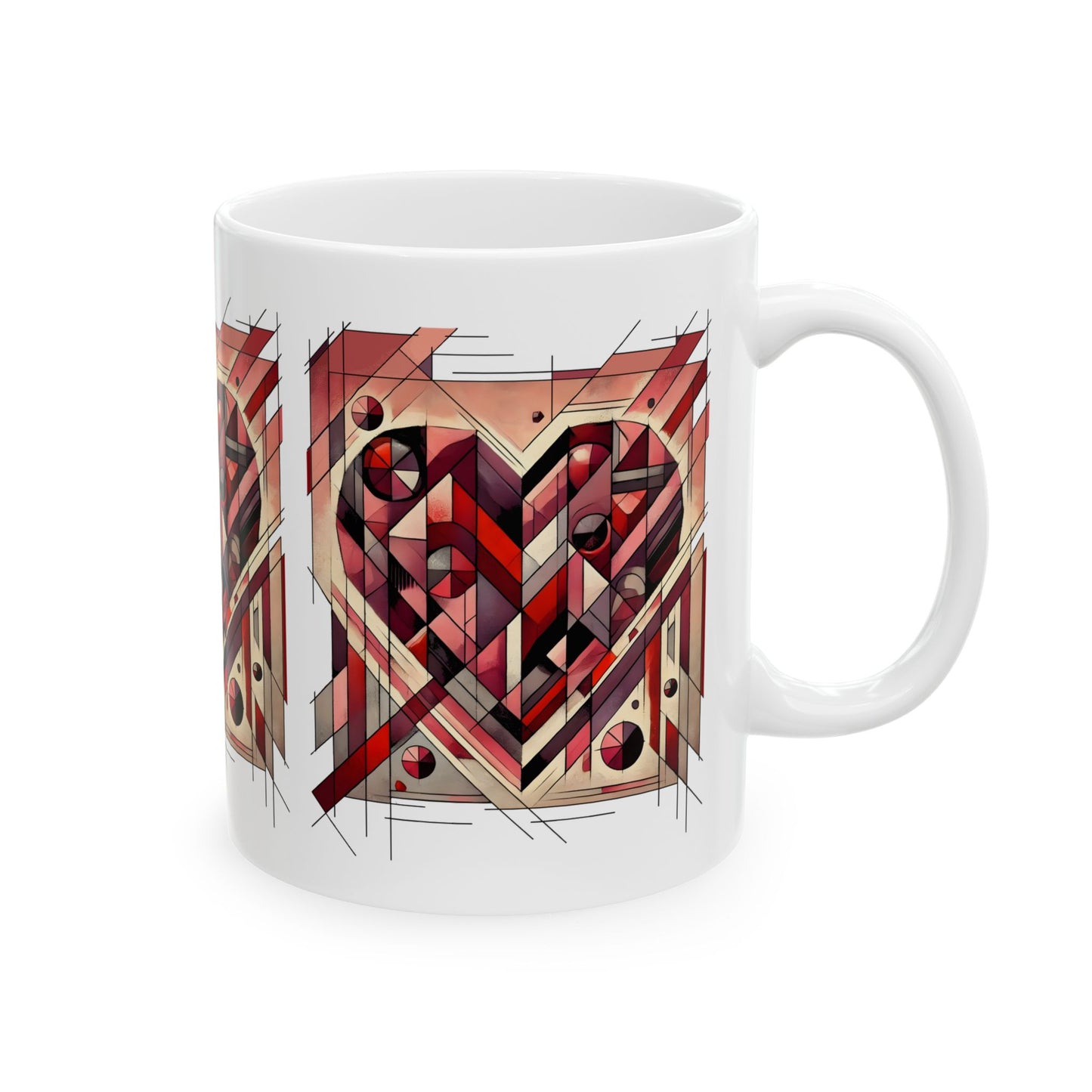 Cubist Heart Mug – Modern Art Valentine's Day Ceramic Coffee Cup (11oz/15oz) presented in the 11oz version, highlighting a geometric heart design inspired by cubism and contemporary Valentine art.