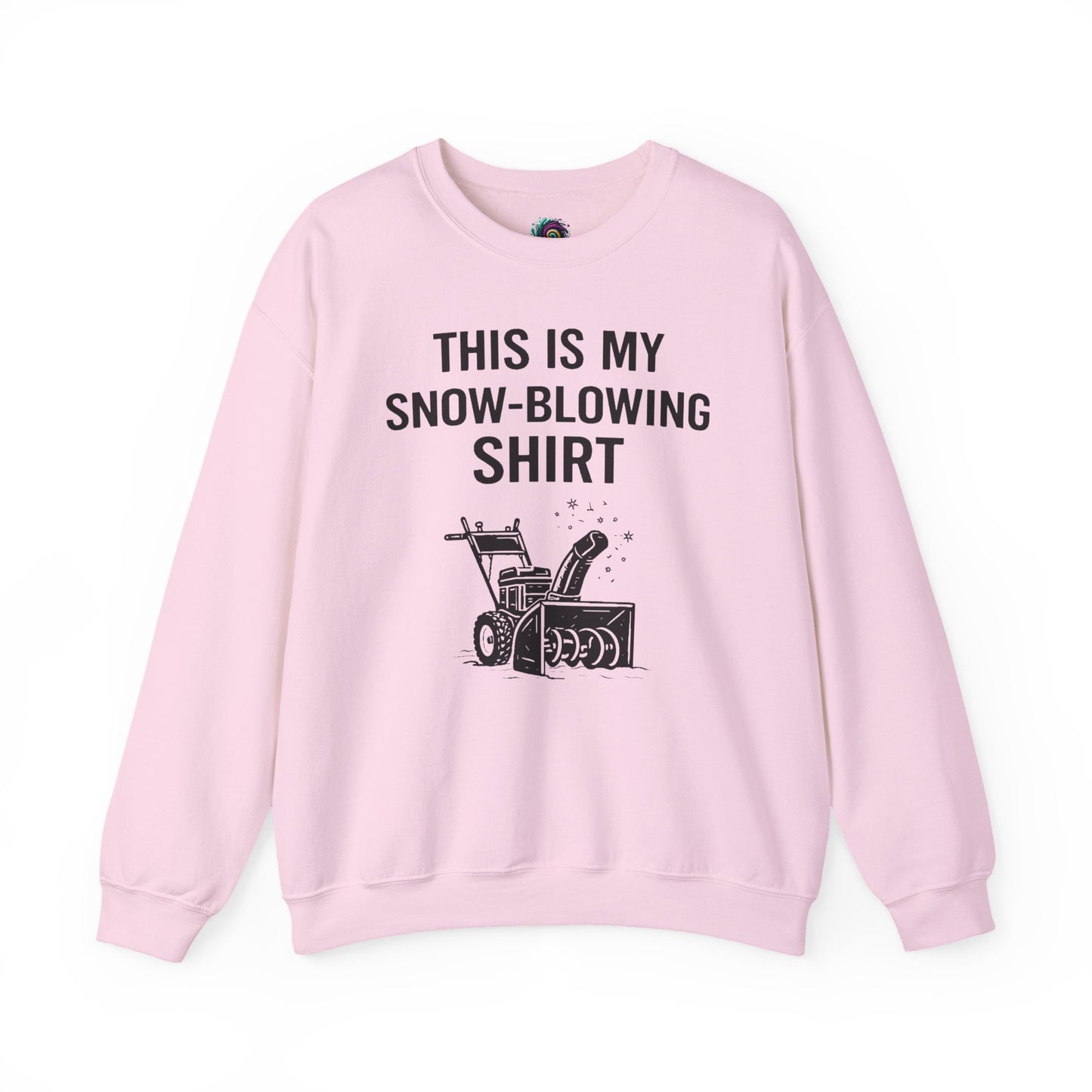 This Is My Snow-Blowing Shirt – Funny Winter Chore Sweatshirt in light pink, combining soft color with humorous winter chore style