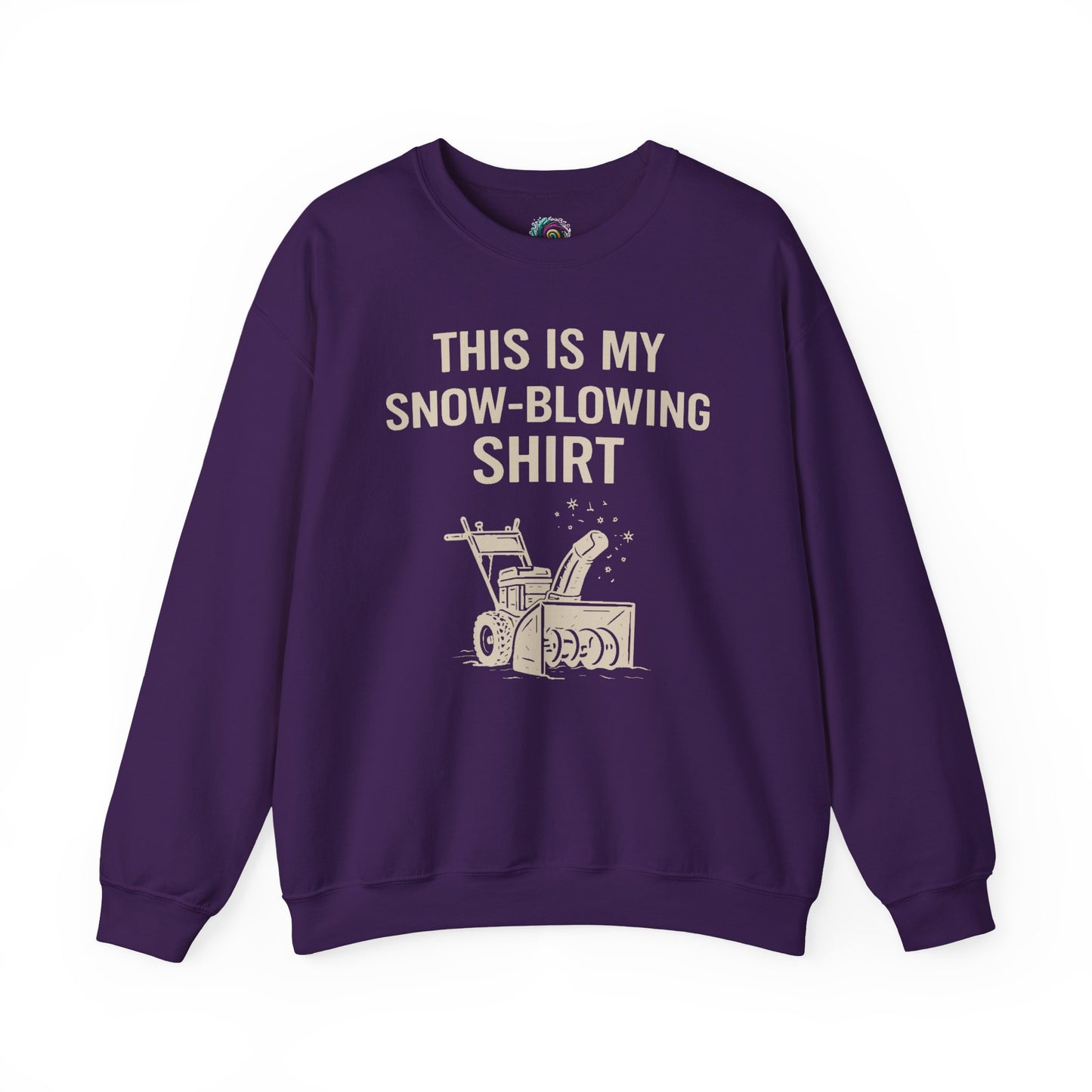 This Is My Snow-Blowing Shirt – Funny Winter Chore Sweatshirt in purple, pairing rich color with playful winter storm humor.