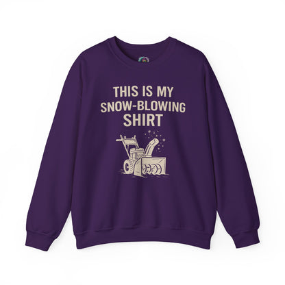 This Is My Snow-Blowing Shirt – Funny Winter Chore Sweatshirt in purple, pairing rich color with playful winter storm humor.