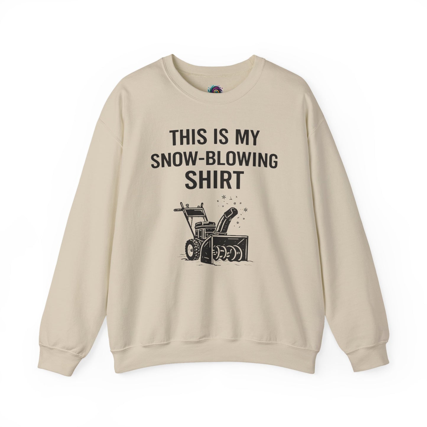 This Is My Snow-Blowing Shirt – Funny Winter Chore Sweatshirt in sand, featuring a neutral tone and a charming snow blowing illustration.