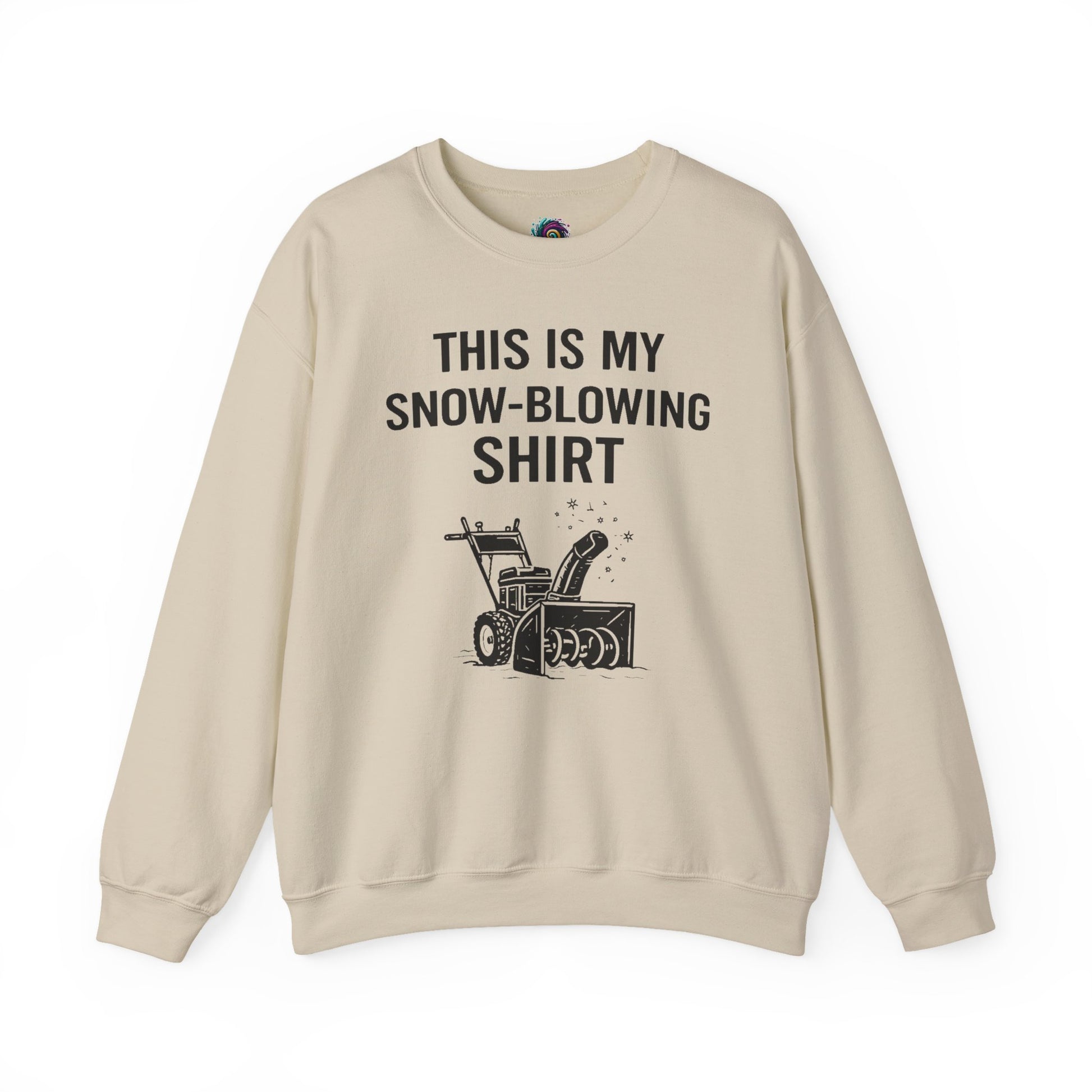 This Is My Snow-Blowing Shirt – Funny Winter Chore Sweatshirt in sand, featuring a neutral tone and a charming snow blowing illustration.