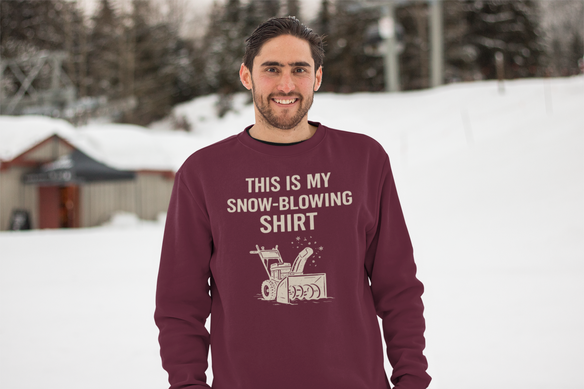This Is My Snow-Blowing Shirt – Funny Winter Chore Sweatshirt worn in snowy surroundings, blending rich color with winter storm humor and snow blower graphics.