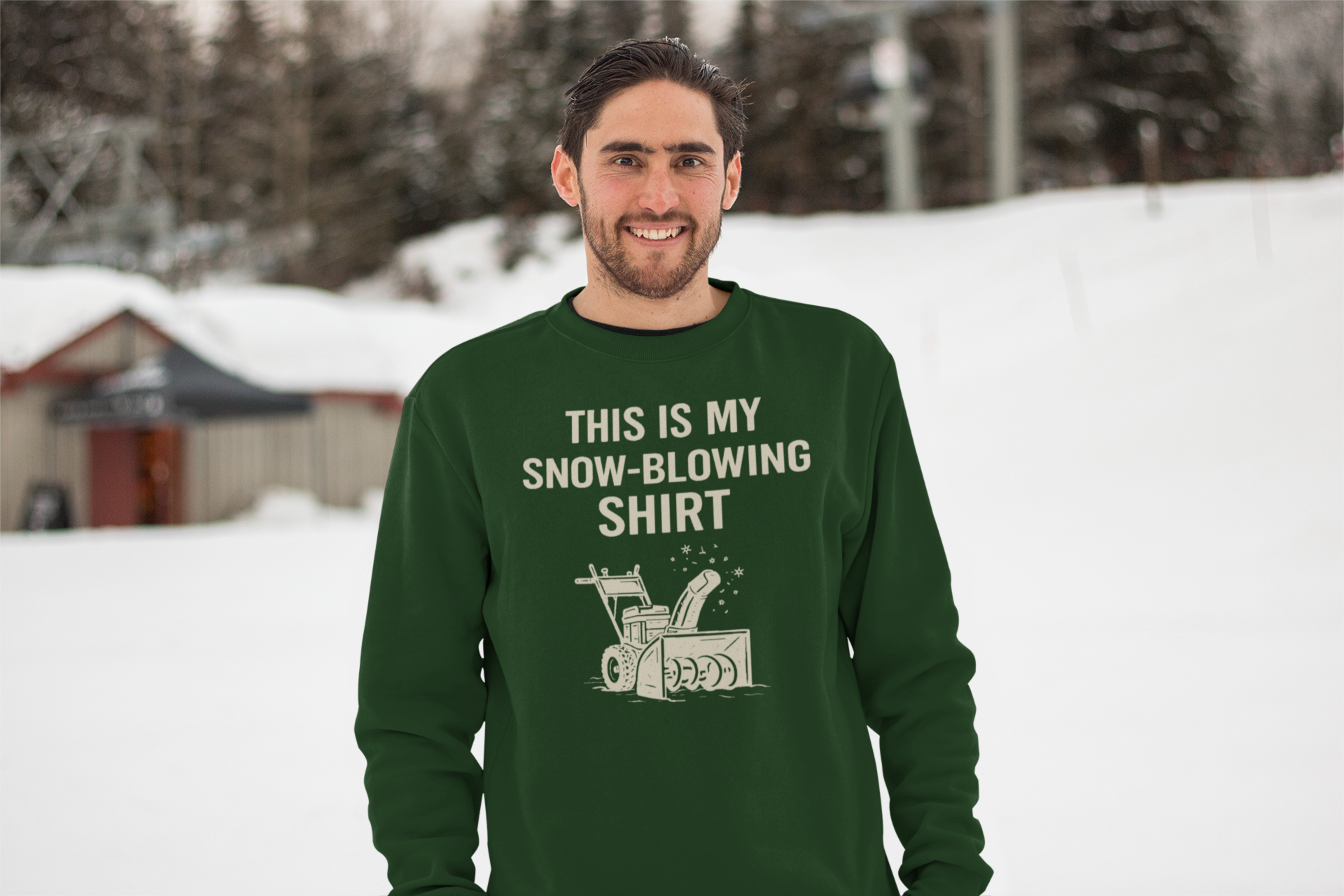 This Is My Snow-Blowing Shirt – Funny Winter Chore Sweatshirt styled in snow-covered scenery, celebrating winter storms with a humorous snow blower design.