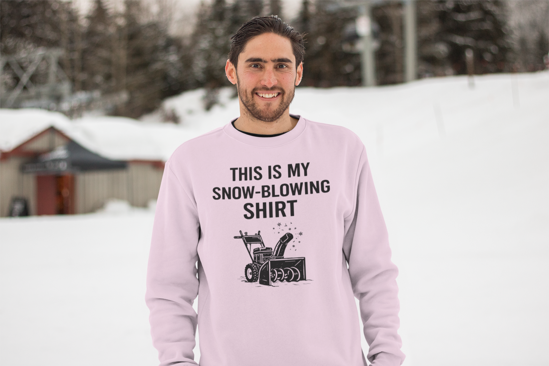 This Is My Snow-Blowing Shirt – Funny Winter Chore Sweatshirt modeled outdoors in winter conditions, pairing soft color with snow blowing humor after a winter storm.