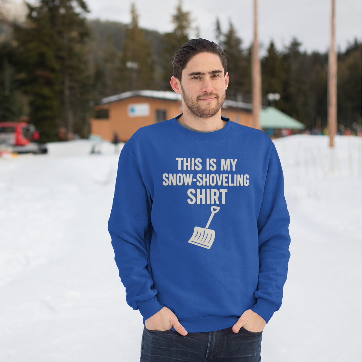 This Is My Snow-Shoveling Shirt – Funny Winter Chore Sweatshirt styled for winter weather, featuring a snow shovel graphic against a snowy backdrop
