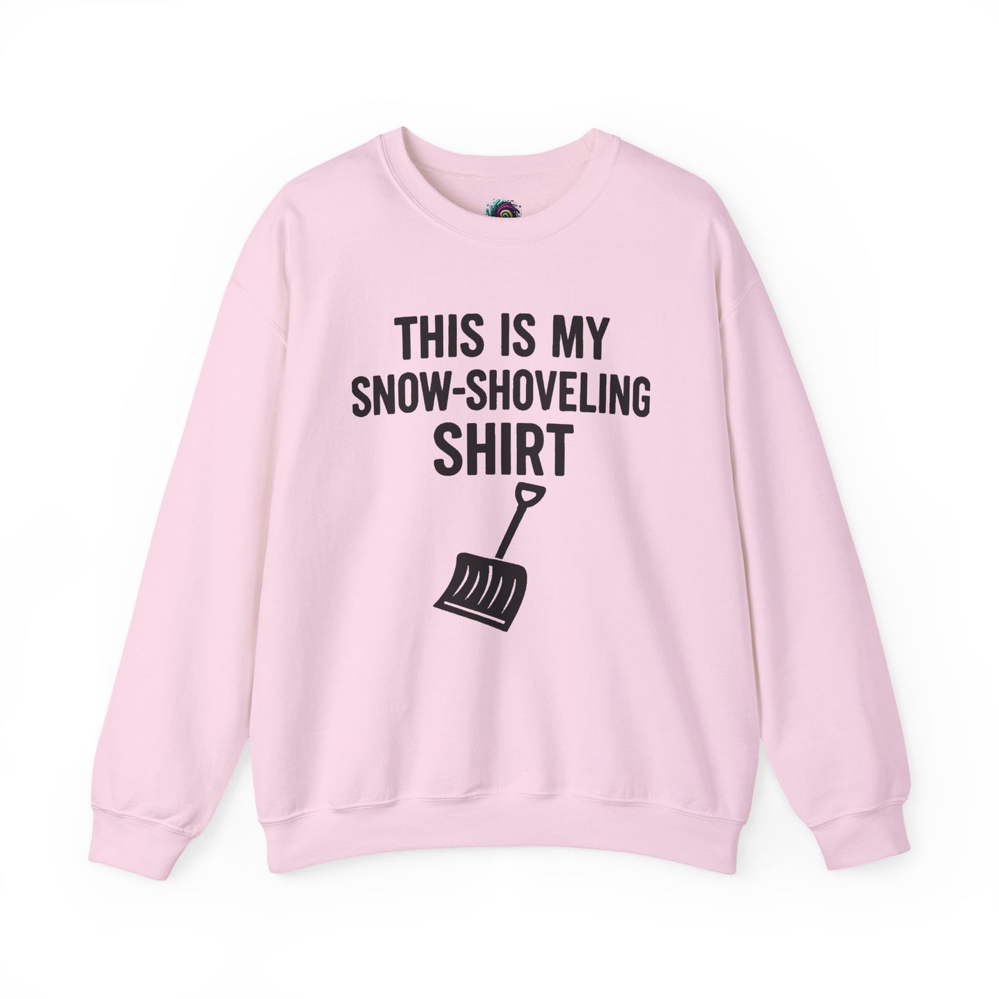 This Is My Snow-Shoveling Shirt – Funny Winter Chore Sweatshirt displayed in a light pink layflat, highlighting cozy winter weather style
