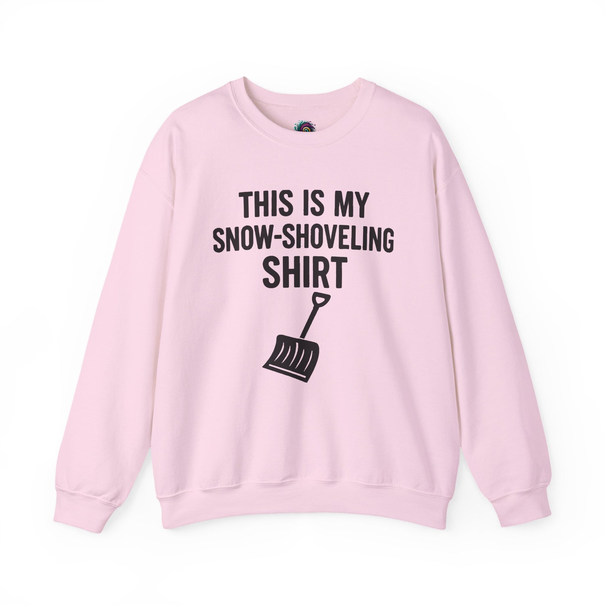 This Is My Snow-Shoveling Shirt – Funny Winter Chore Sweatshirt displayed in a light pink layflat, highlighting cozy winter weather style