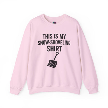 This Is My Snow-Shoveling Shirt – Funny Winter Chore Sweatshirt displayed in a light pink layflat, highlighting cozy winter weather style
