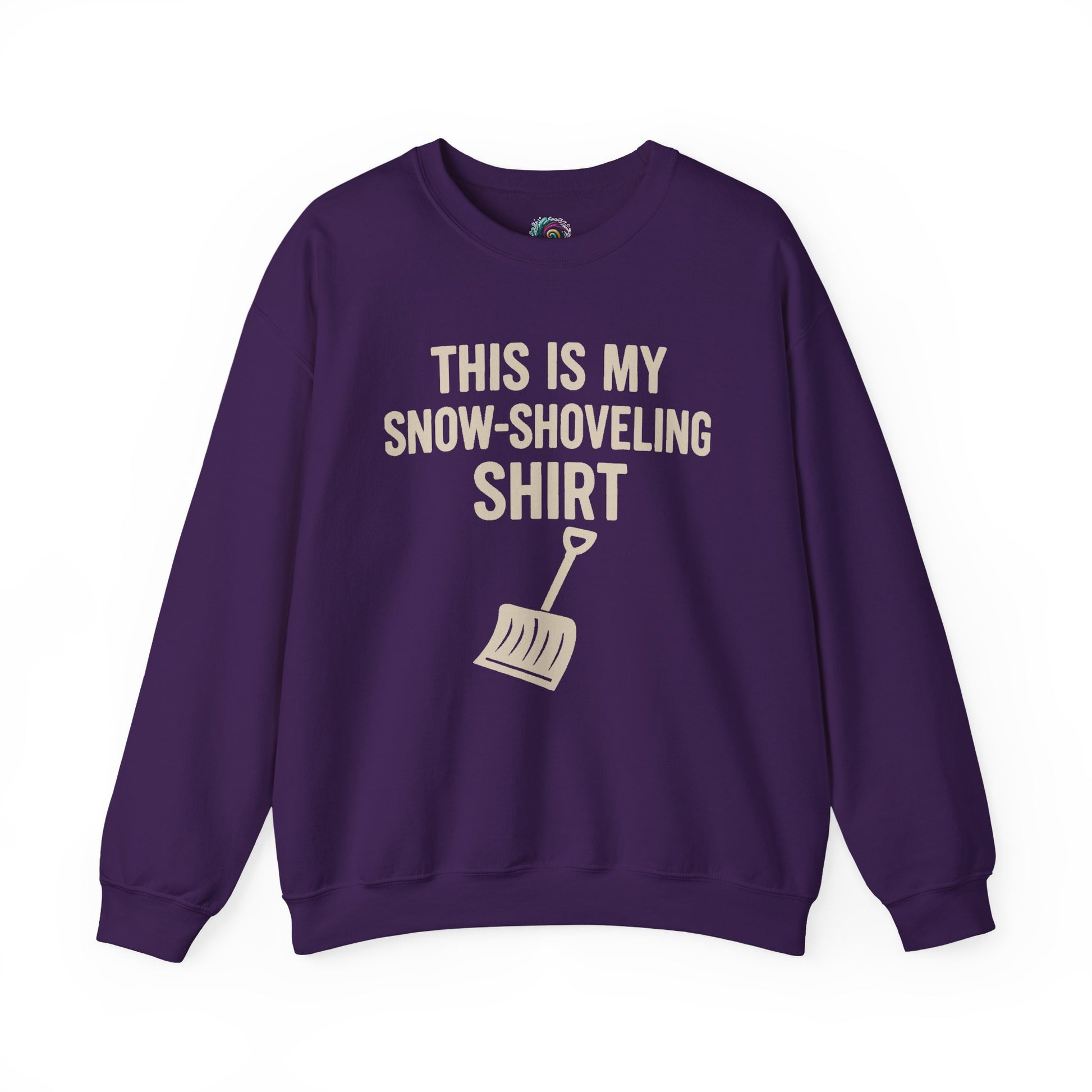 This Is My Snow-Shoveling Shirt – Funny Winter Chore Sweatshirt shown in purple layflat, featuring winter storm humor