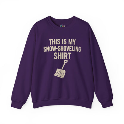 This Is My Snow-Shoveling Shirt – Funny Winter Chore Sweatshirt shown in purple layflat, featuring winter storm humor