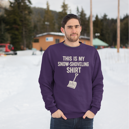 This Is My Snow-Shoveling Shirt – Funny Winter Chore Sweatshirt worn in a snowy resort-style setting, showcasing playful winter storm humor