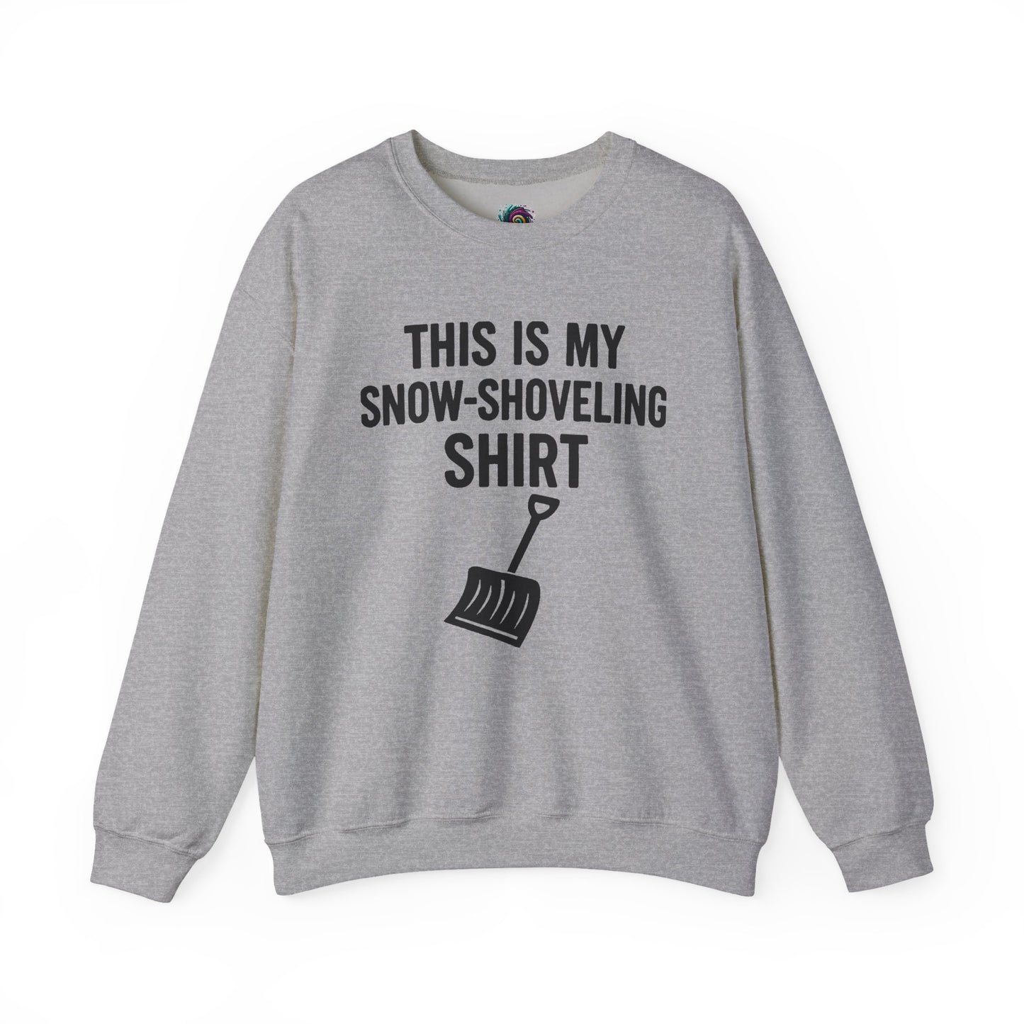 This Is My Snow-Shoveling Shirt – Funny Winter Chore Sweatshirt shown in sport grey layflat with bold winter design