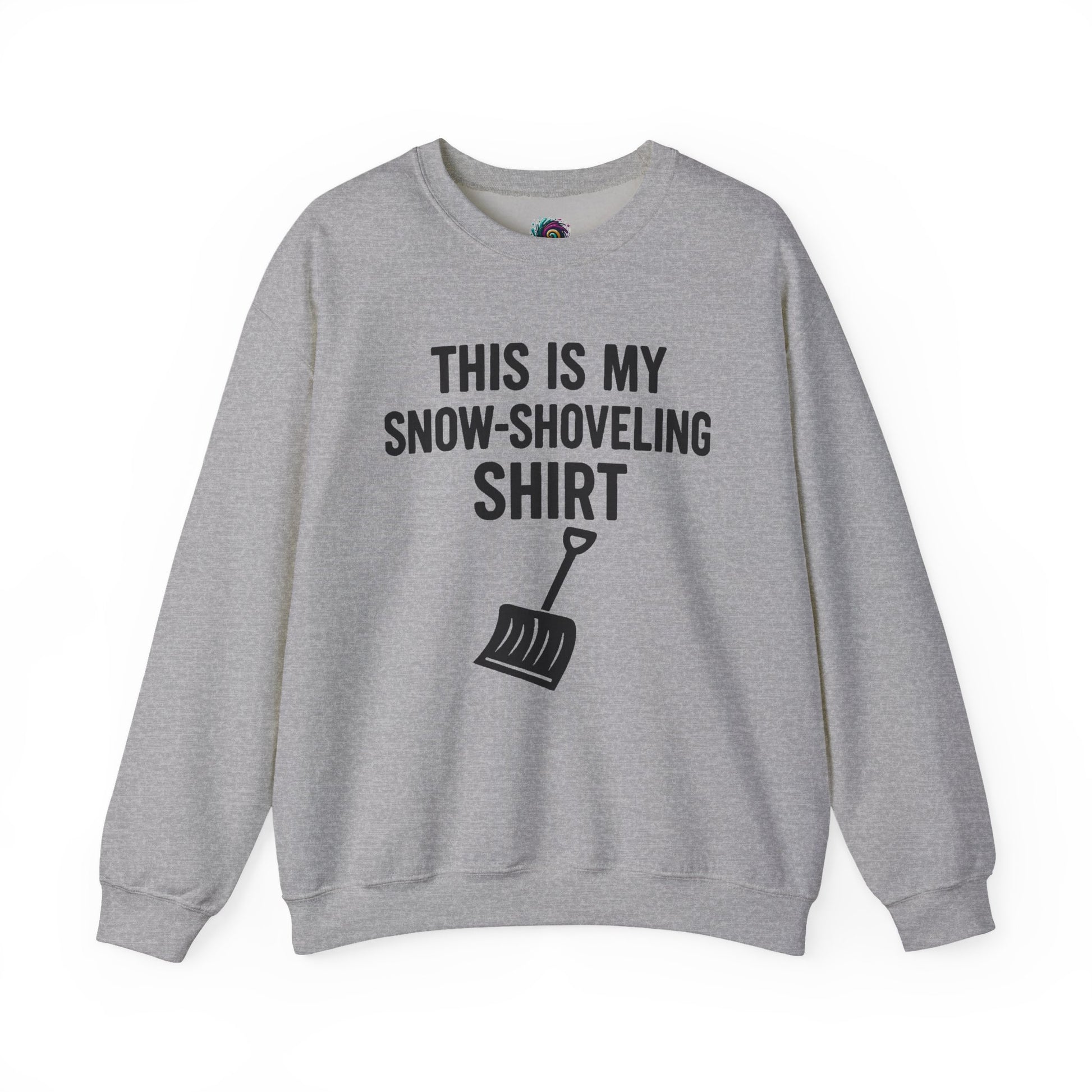 This Is My Snow-Shoveling Shirt – Funny Winter Chore Sweatshirt shown in sport grey layflat with bold winter design