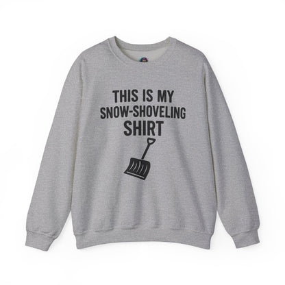 This Is My Snow-Shoveling Shirt – Funny Winter Chore Sweatshirt shown in sport grey layflat with bold winter design