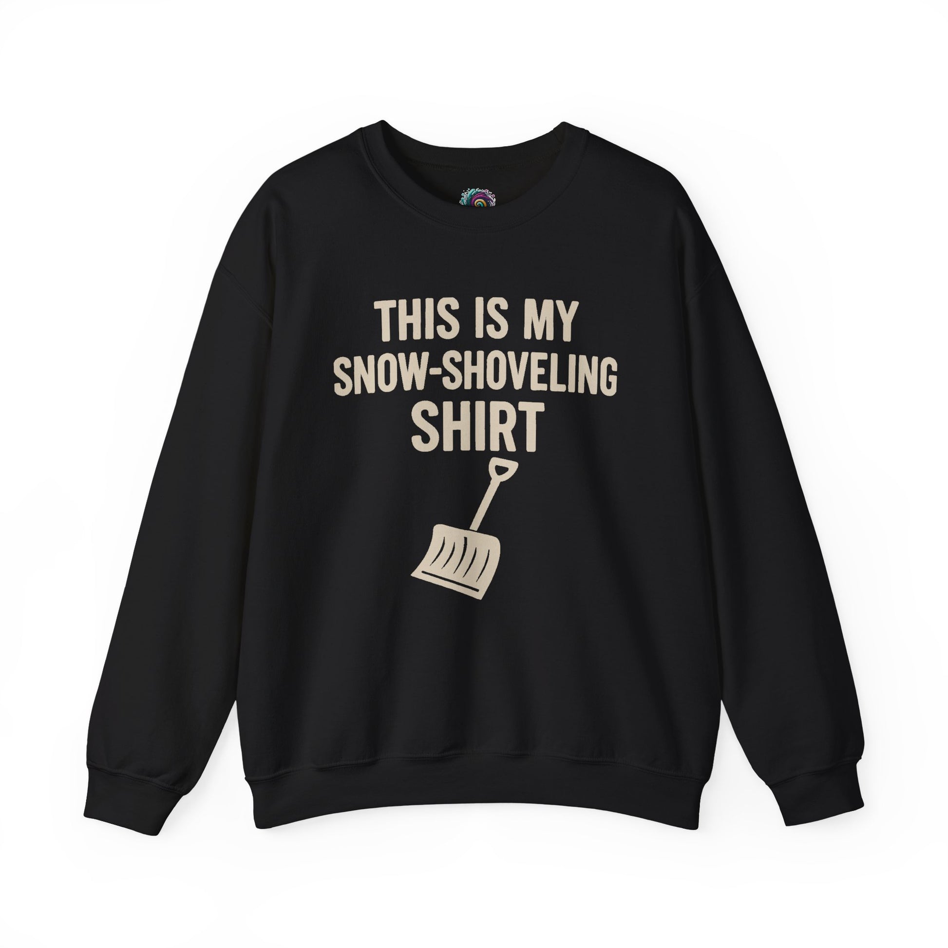 This Is My Snow-Shoveling Shirt – Funny Winter Chore Sweatshirt shown in black layflat, emphasizing winter storm humor