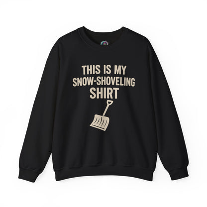 This Is My Snow-Shoveling Shirt – Funny Winter Chore Sweatshirt shown in black layflat, emphasizing winter storm humor