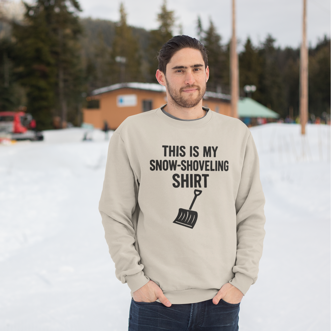 This Is My Snow-Shoveling Shirt – Funny Winter Chore Sweatshirt styled outdoors during winter weather, emphasizing seasonal humor and comfort