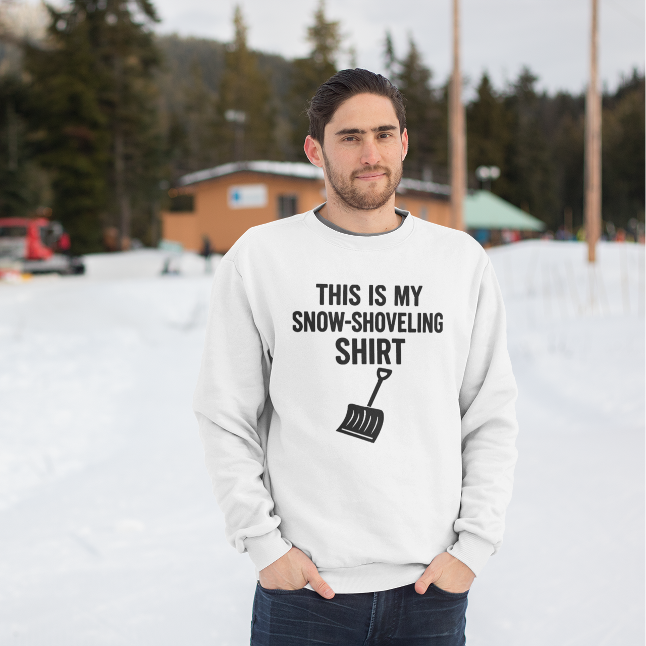 This Is My Snow-Shoveling Shirt – Funny Winter Chore Sweatshirt in white styled outdoors during winter weather, emphasizing seasonal humor and comfort