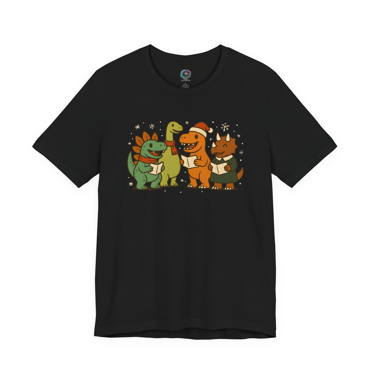 Dinosaur Carolers T-Shirt – Cute Dino Christmas Singing Tee in black with dinosaurs singing under snowflakes
