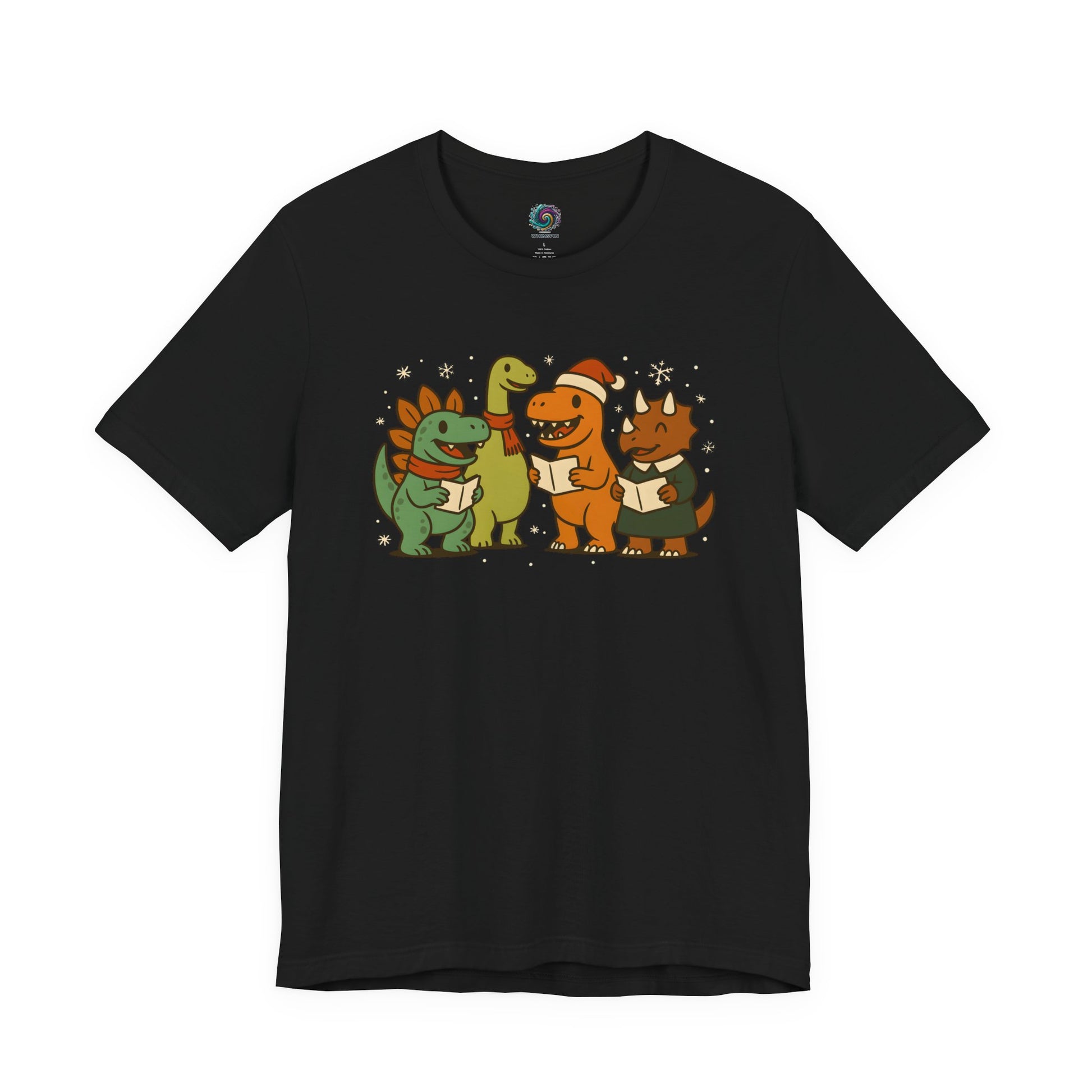 Dinosaur Carolers T-Shirt – Cute Dino Christmas Singing Tee in black with dinosaurs singing under snowflakes