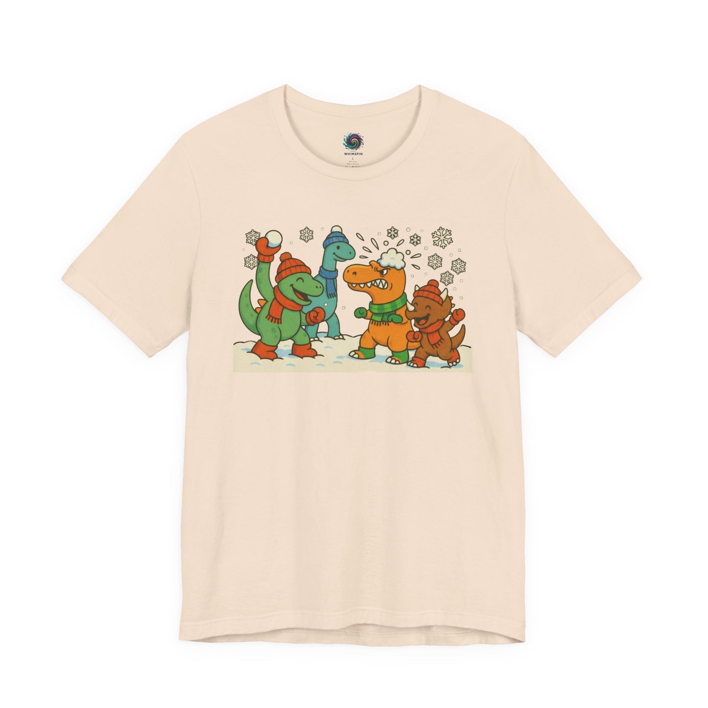 the Dinosaur Snowball Fight T-Shirt – Funny Winter Dino Graphic Tee in Soft Cream, pairing warm fabric tones with playful winter dinosaur art.