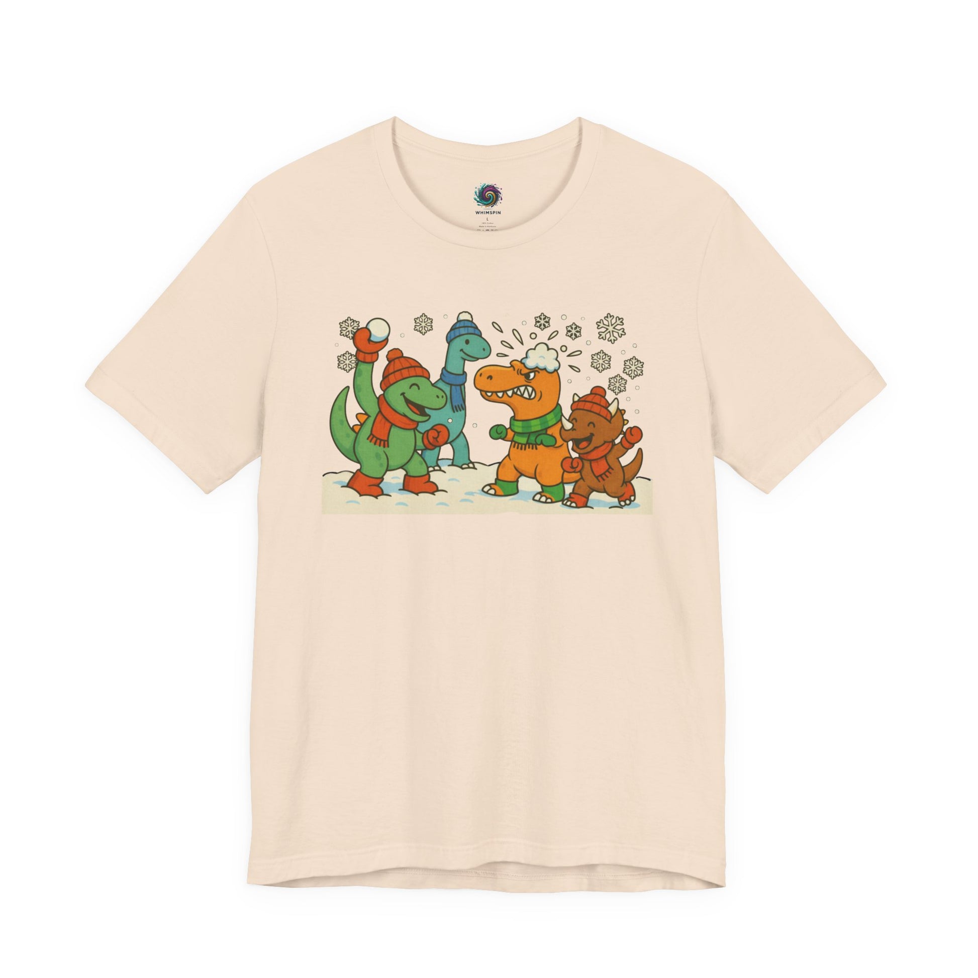 the Dinosaur Snowball Fight T-Shirt – Funny Winter Dino Graphic Tee in Soft Cream, pairing warm fabric tones with playful winter dinosaur art.