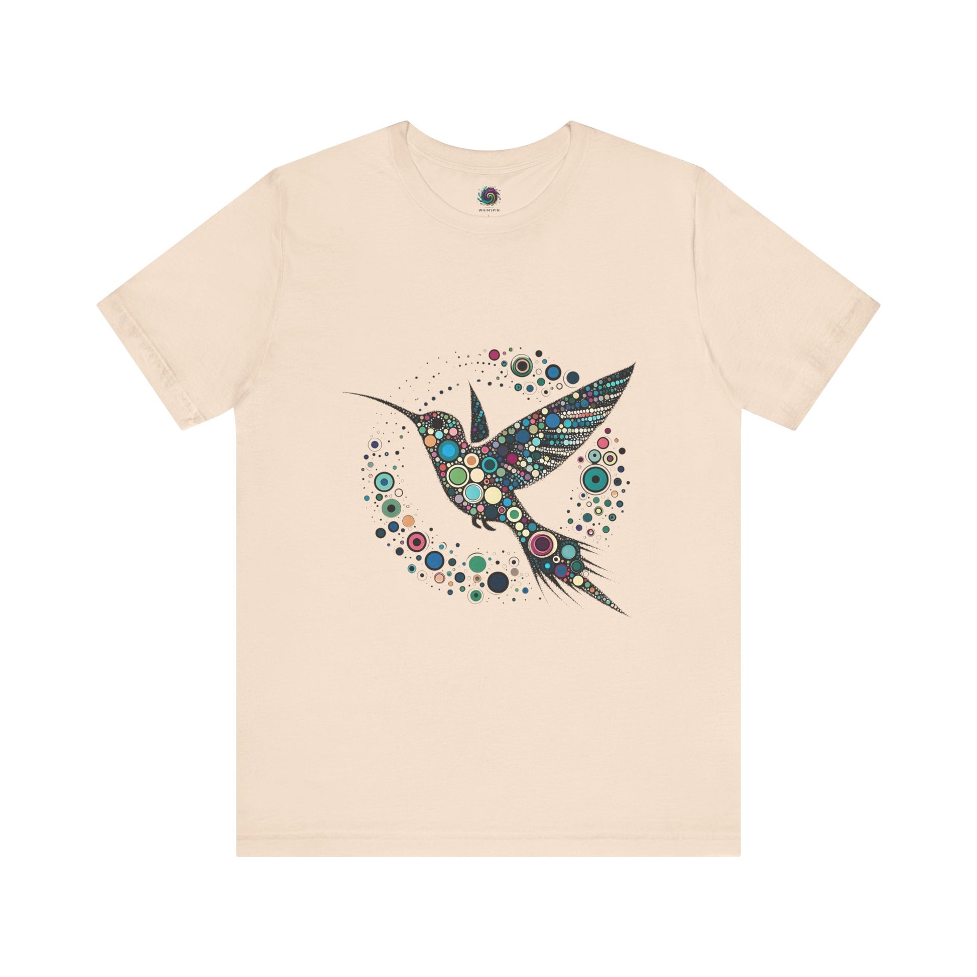 Hummingbird Dot Art T-Shirt – Colorful Nature-Inspired Graphic Tee in creamy beige shade with bold bird silhouette and colorful dot art, perfect for fans of hummingbird dot art.