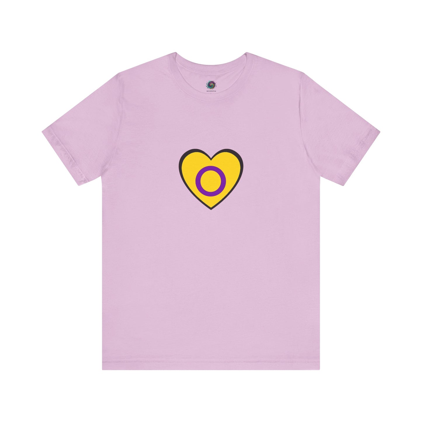Intersex Pride Heart T-Shirt in lilac, combining soft tones with powerful identity symbolism.