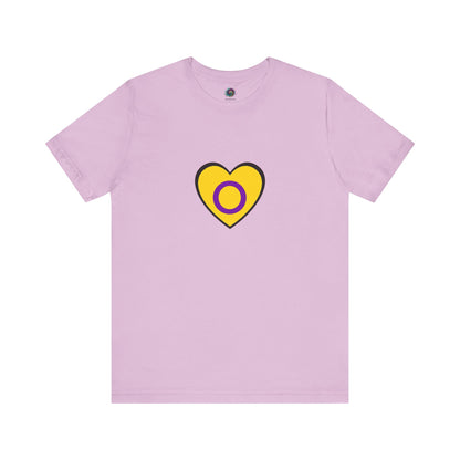 Intersex Pride Heart T-Shirt in lilac, combining soft tones with powerful identity symbolism.