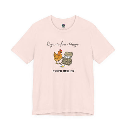 Funny Egg Dealer Chicken Shirt – Farm Humor for Chicken Moms in Soft Pink, showing the charming chicken artwork and lighthearted farm humor design.