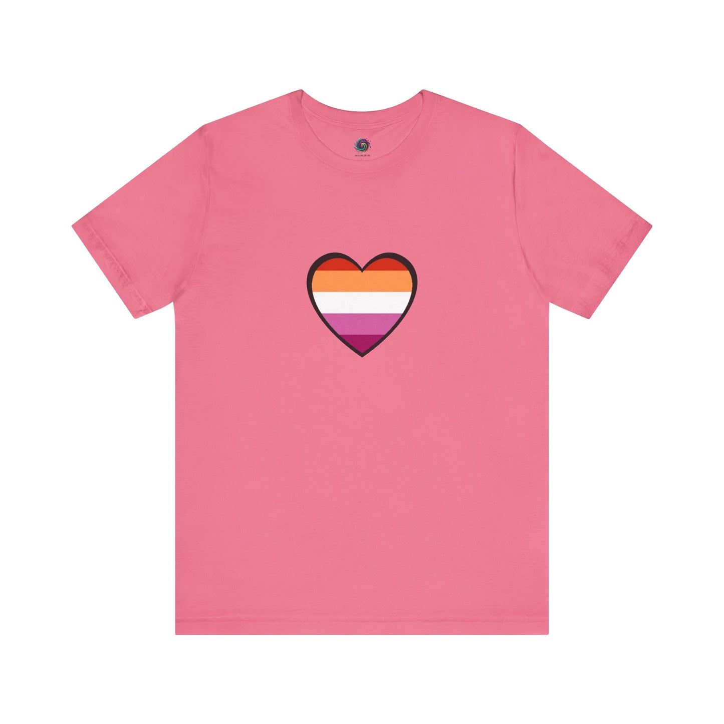 Lesbian Pride Flag Heart T-Shirt – Bold LGBTQ+ Graphic Tee in charity pink, pairing gentle hues with the lesbian flag heart emoji-style design.