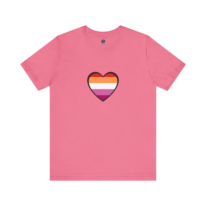 Lesbian Pride Flag Heart T-Shirt – Bold LGBTQ+ Graphic Tee in charity pink, pairing gentle hues with the lesbian flag heart emoji-style design.