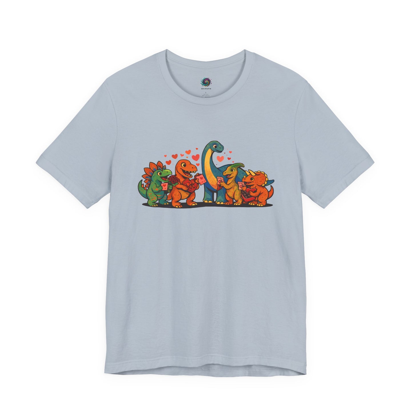Dinosaur Valentines T-Shirt – Cute Dino Valentine’s Day Tee in Light Blue offering a gentle, approachable take on the dinosaur valentines design