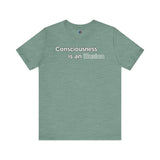 Consciousness Is an Illusion T-Shirt – Minimalist Existential Graphic Tee in Heather Dusty Blue offering a gentle, introspective aesthetic