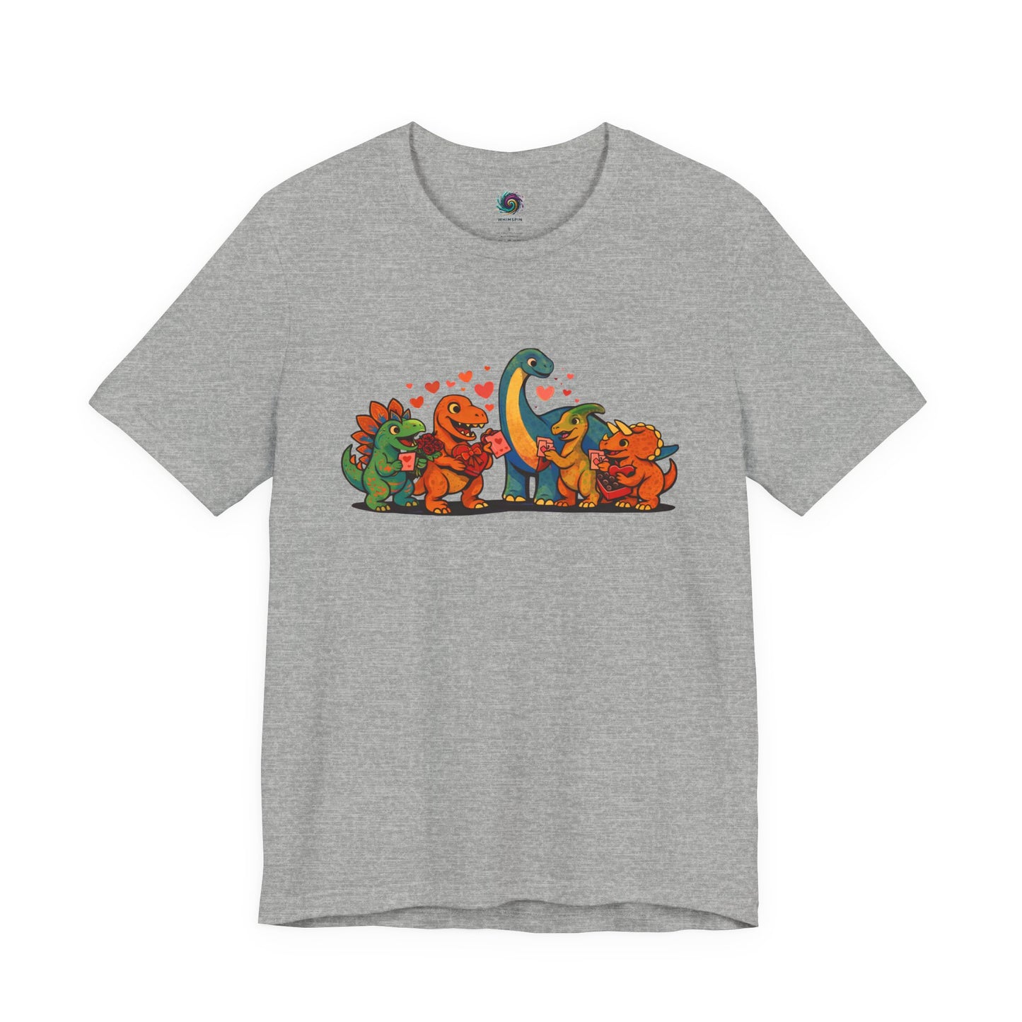 Dinosaur Valentines T-Shirt – Cute Dino Valentine’s Day Tee in Athletic Heather featuring a charming dinosaur valentine design with friendly characters and heart accents