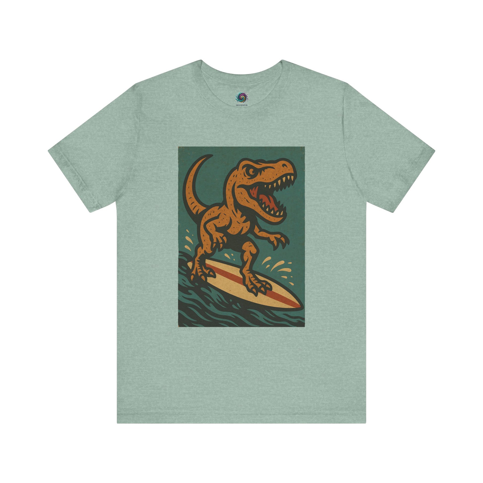 Surfing T-Rex T-Shirt – Funny Dinosaur Surfing Graphic Tee in heather prism, great for dinosaur beach wear and quirky summer tees mixing pastel surf tee aesthetic with dinosaur vacation humor..