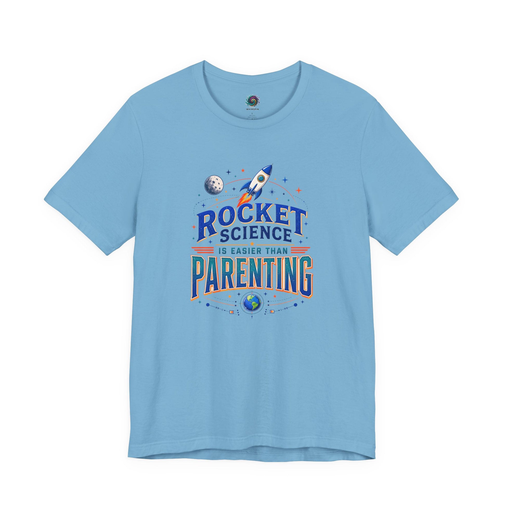 Rocket Science Parenting T-Shirt – Funny Aerospace Parent Tee on ocean blue with a smart aerospace parent graphic for science-minded families.
