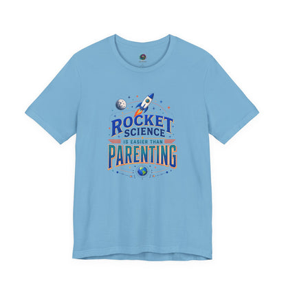 Rocket Science Parenting T-Shirt – Funny Aerospace Parent Tee on ocean blue with a smart aerospace parent graphic for science-minded families.