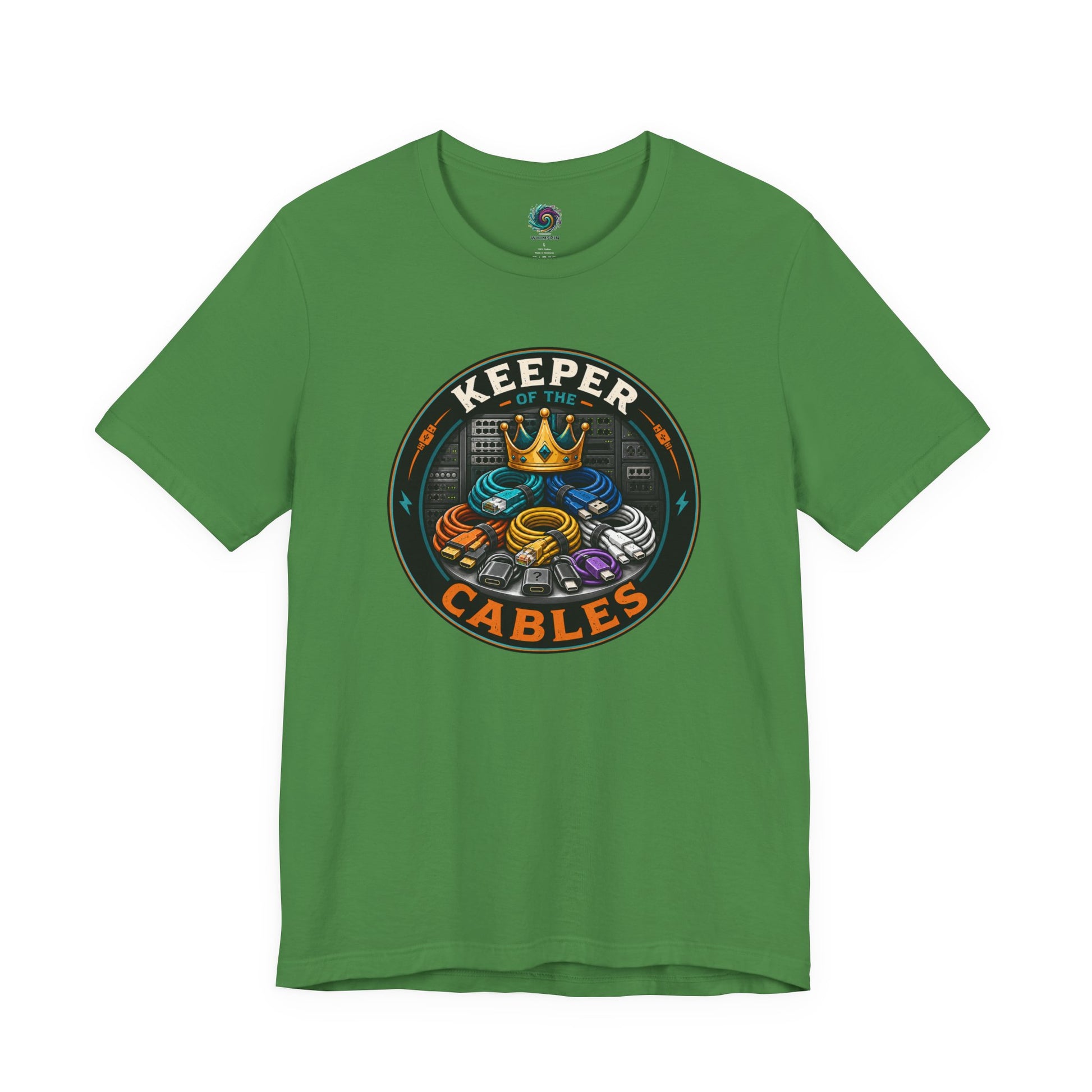 Keeper of the Cables T-Shirt – Funny Tech Dad Cable Tee on leaf green with techie humor for dads who keep every adapter.