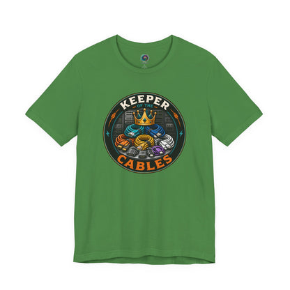 Keeper of the Cables T-Shirt – Funny Tech Dad Cable Tee on leaf green with techie humor for dads who keep every adapter.