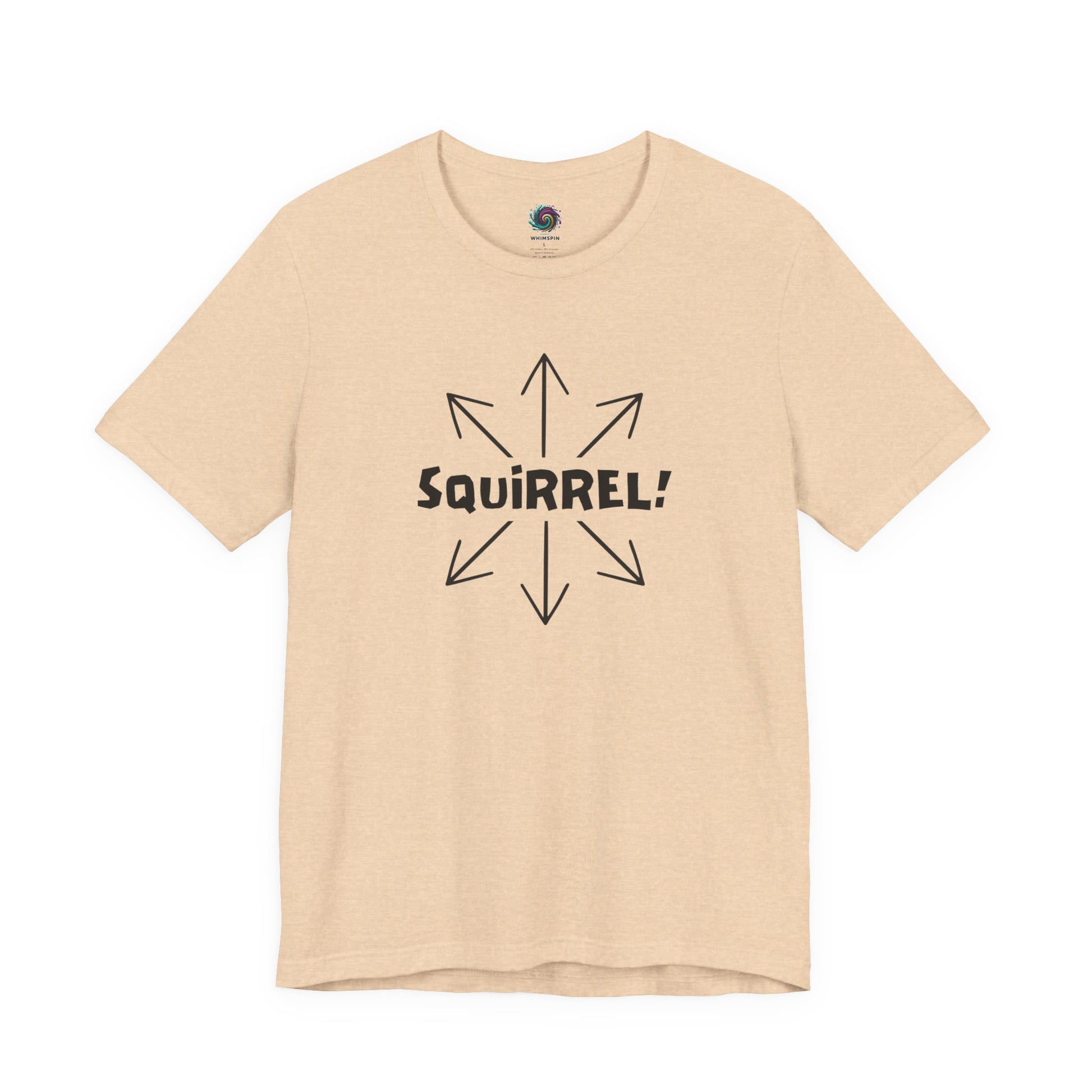 Squirrel Distracted Mind T-Shirt – Funny Attention Graphic Tee in Heather Sand Dune with a subtle distracted mind squirrel print.