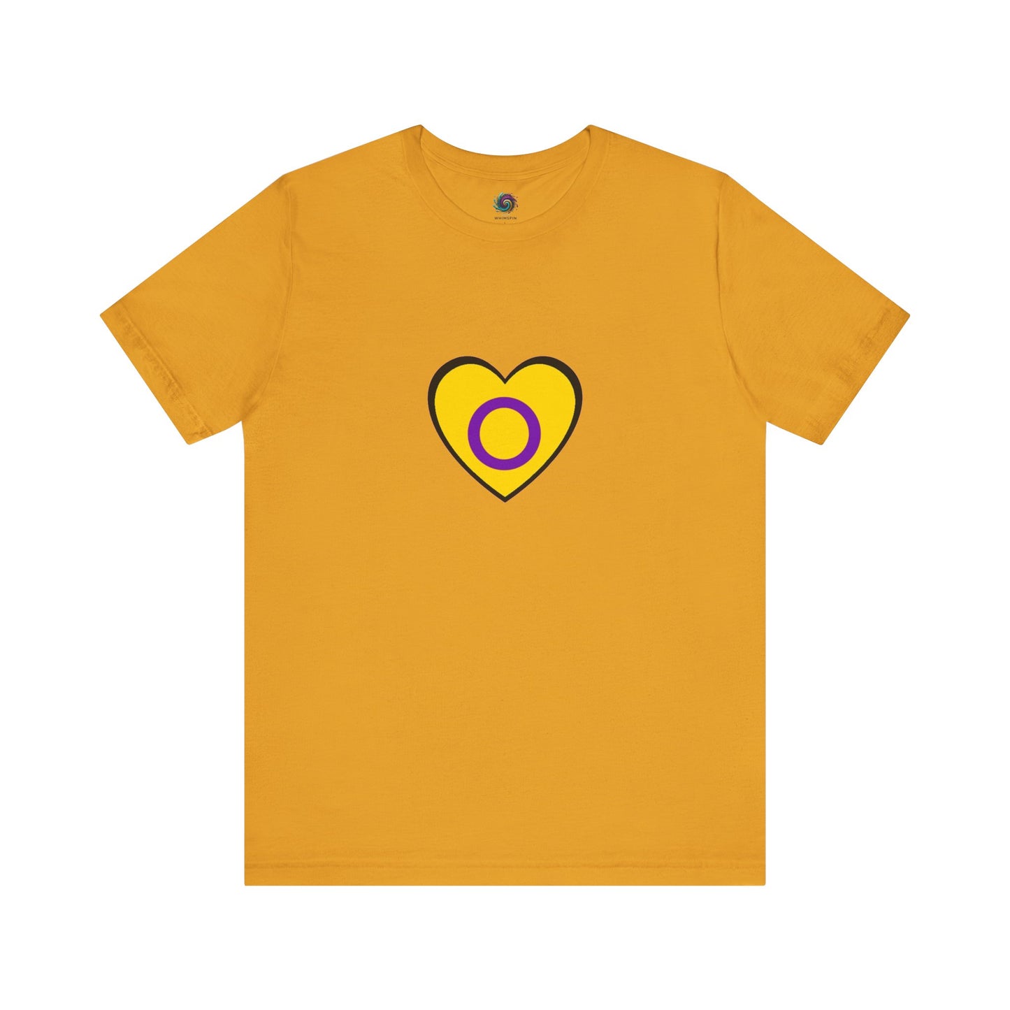 Intersex Pride Heart T-Shirt in mustard yellow with clean black outline and purple circle celebrating intersex pride.