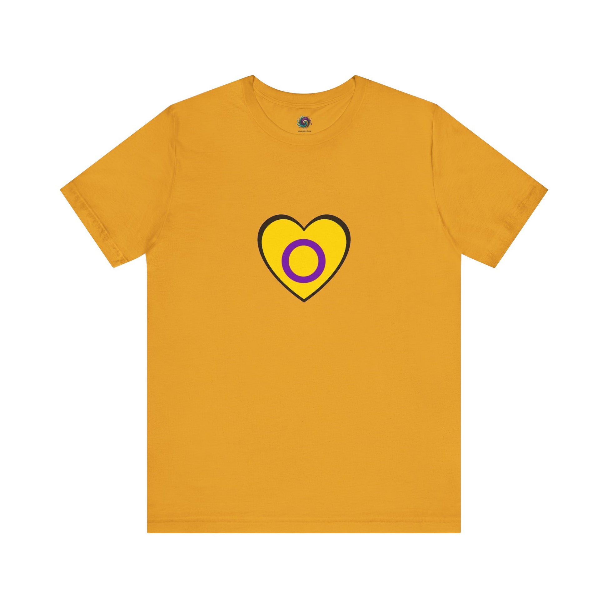 Intersex Pride Heart T-Shirt in mustard yellow with clean black outline and purple circle celebrating intersex pride.