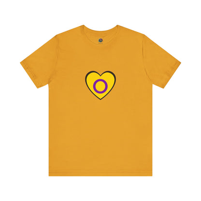 Intersex Pride Heart T-Shirt in mustard yellow with clean black outline and purple circle celebrating intersex pride.