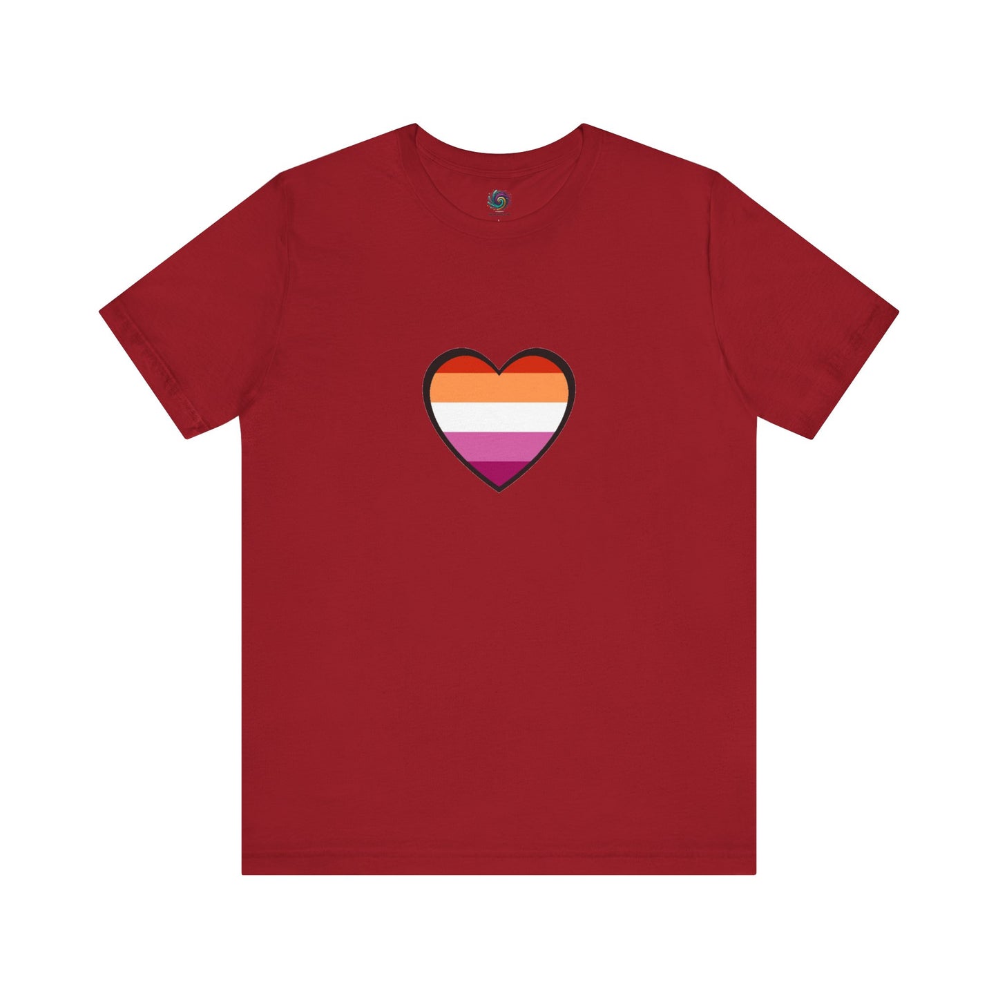 Lesbian Pride Flag Heart T-Shirt – Bold LGBTQ+ Graphic Tee in canvas red, centered with a clean lesbian emoji heart flag graphic for daily queer representation.