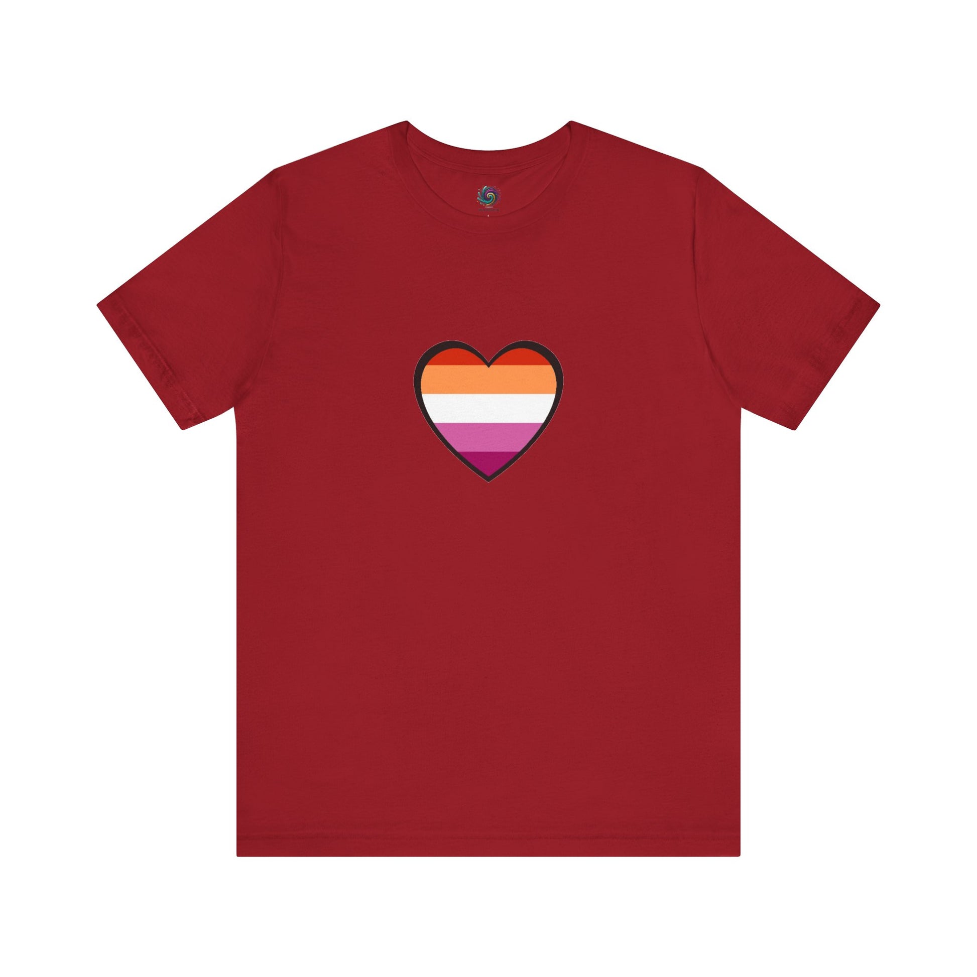 Lesbian Pride Flag Heart T-Shirt – Bold LGBTQ+ Graphic Tee in canvas red, centered with a clean lesbian emoji heart flag graphic for daily queer representation.