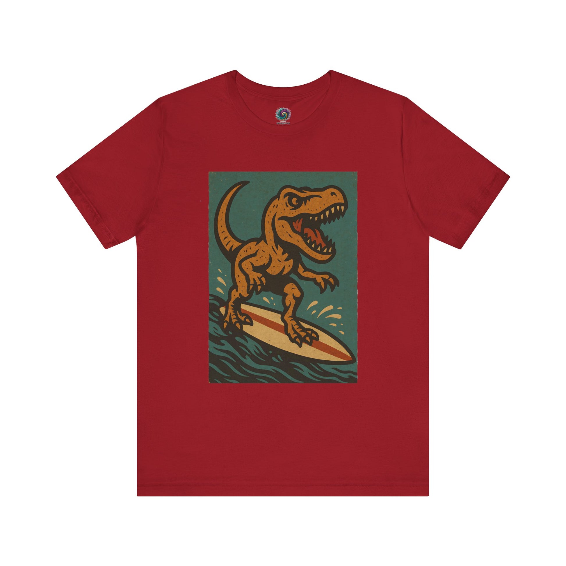 Surfing T-Rex T-Shirt – Funny Dinosaur Graphic Tee in canvas red, combining dinosaur surfing fun with eye-catching vacation style.