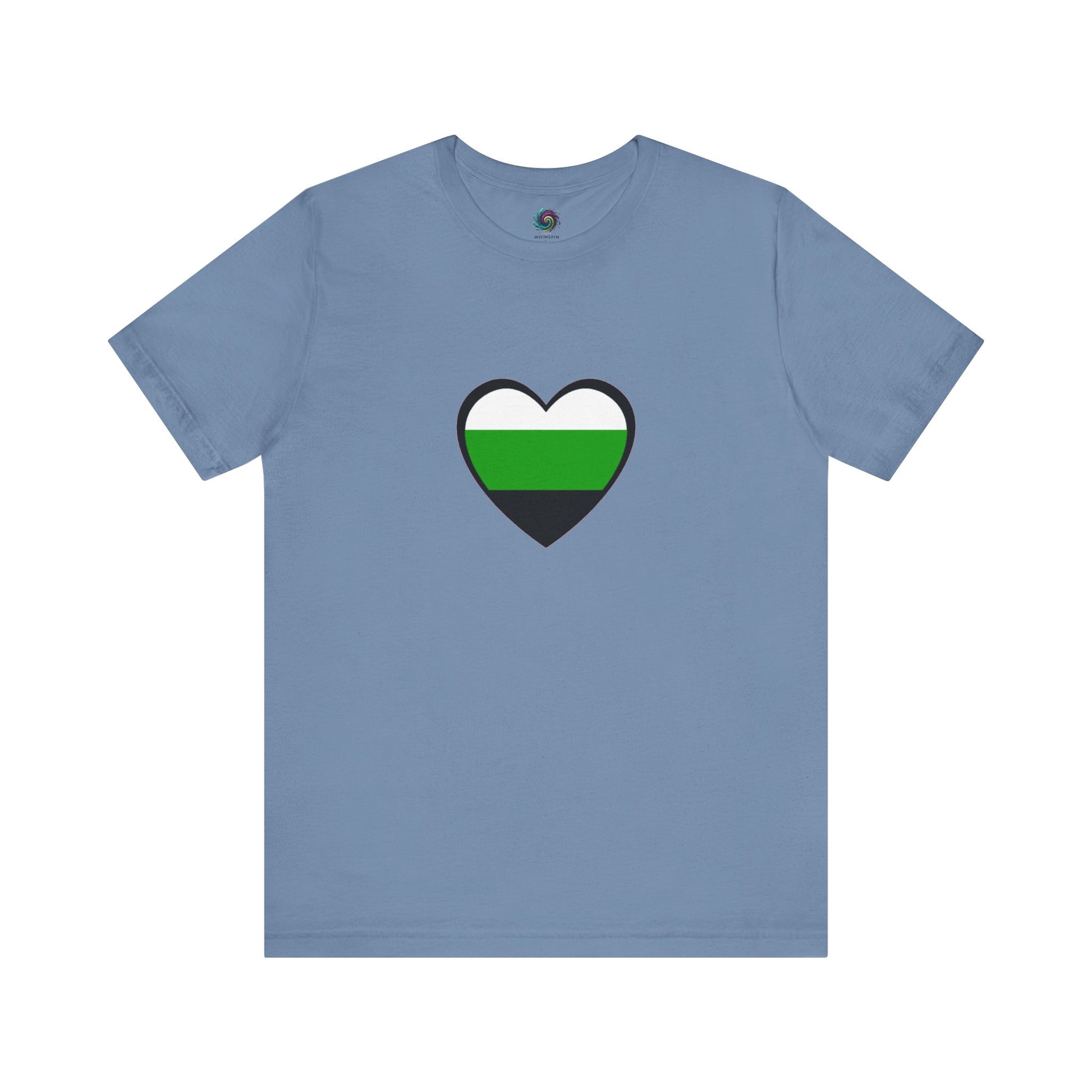 Layflat of the Aromantic Flag Shirt in steel blue, with a heart-shaped design symbolizing neutrois pride flag meaning in a cool, gender-neutral palette.